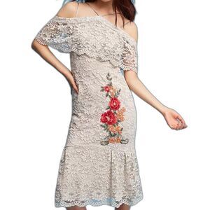 Nicole Miller Off Shoulder Floral Embroidered Lace Dress Ivory Size 14